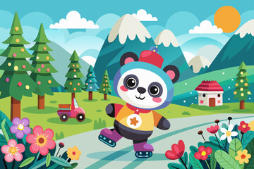 A charming panda is rollerblading down a road, waving a flag with Flo's logo on it.