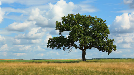 Fototapeta na wymiar Lonely green oak tree in the field