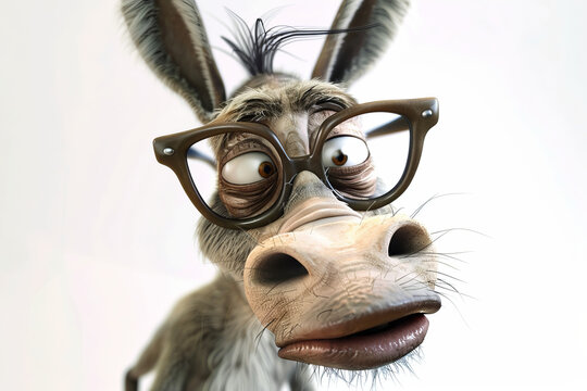 A photo of a donkey wearing horn-rimmed glasses