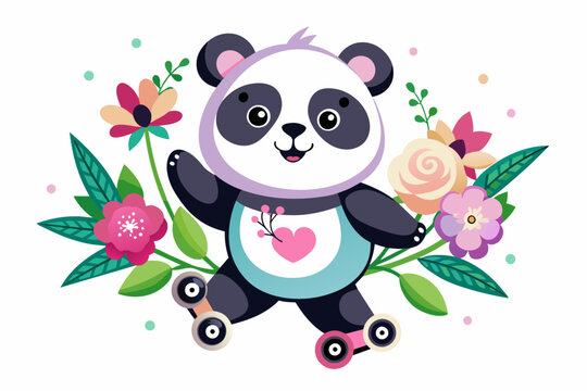 Charming panda on rollerblades skating down a colorful cartoon road with a smiling Flo