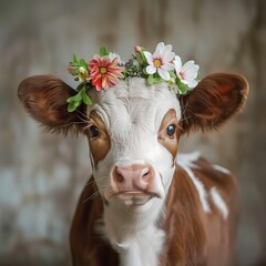 Brown and White Young Baby Calf Wearing Flower Crown