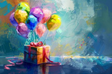 festive gift box with colorful balloons and ribbon on bright background digital painting