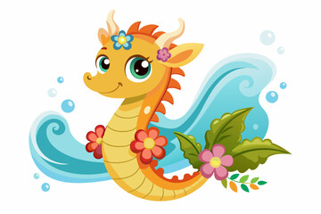 Fototapeta premium A charming cartoon seahorse adorned with vibrant flowers.