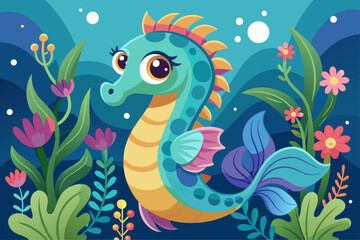 Fototapeta na wymiar Charming seahorse cartoon adorned with vibrant flowers