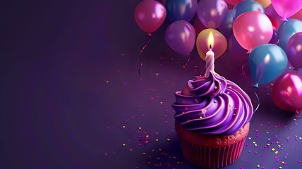 Dark purple themed cupcake and vibrant balloons for party decor - obrazy, fototapety, plakaty