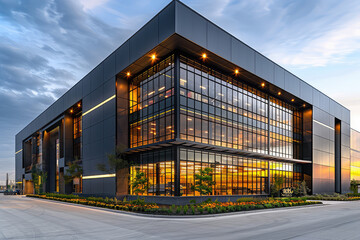 Fototapeta na wymiar A modern industrial building with large glass windows and steel cladding, illuminated by warm light at dusk, showcasing the architectural details of an office complex in Texas. Created with Ai