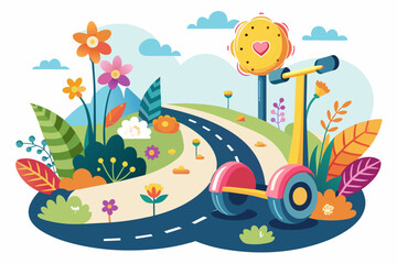 Obraz premium A charming cartoon-style image of a Segway decorated with flowers, rolling down a road.