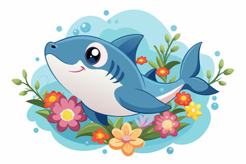 Fototapeta na wymiar The charming shark cartoon wears flowers on its head and smiles broadly.