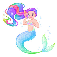Obraz na płótnie Canvas Beautiful mermaid with rainbow hair holding a seashell. Hand drawn vector illustration not AI.