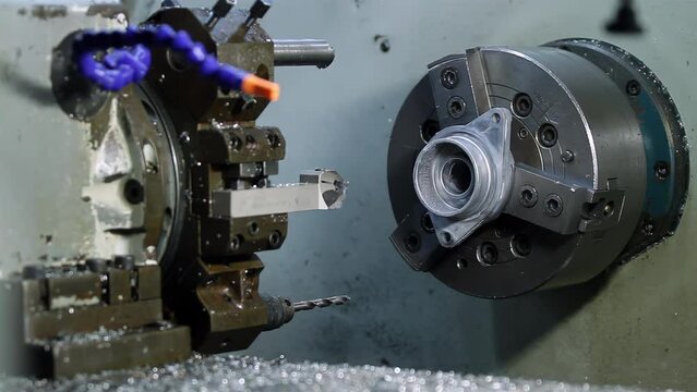 A Metal Milling Machine, A Metal Lathe at Work in Factory. Close Up. 4K Resolution.