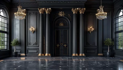 Fotobehang Dark grey marble walls with golden trim, tall columns on either sides of the door frame, black wooden doors and gold decorations above them. Created with Ai © Creative Stock 