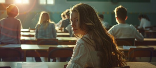 A girl of Arab descent is sitting in a classroom among other students who are engaging in various activities