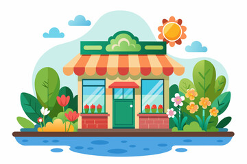Charming cartoonish shop with flowers decorates a white background.