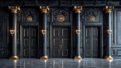 Dark grey marble wall with golden gilded accents, a tall door and columns with ornate sconces. Created with Ai
