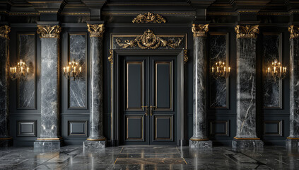 Dark gray marble walls with golden ornaments, black door and pillars, large room with marble floor. Created with Ai - obrazy, fototapety, plakaty
