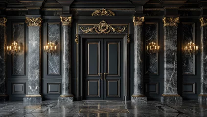 Deurstickers Dark gray marble walls with golden ornaments, black door and pillars, large room with marble floor. Created with Ai © Creative Stock 