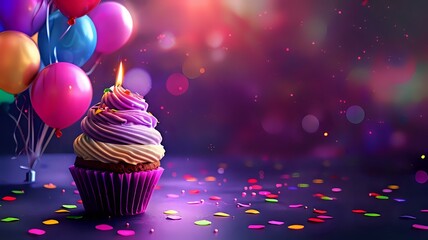 Colorful cupcake with candle and balloons on dark purple background - obrazy, fototapety, plakaty