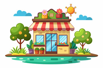 Cartoonish depiction of a charming shop adorned with vibrant flowers against a pristine white background.