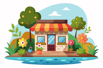 Obraz premium Shop cartoon charming with flowers on a white background.