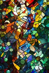 A stainedglass window design, dreamily incorporating elements of an AI takeover, with Impressionist patterns hinting at a new world order, , 
