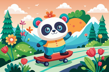 Obraz na płótnie Canvas A charming cartoon panda is skateboarding down a road adorned with flowers.