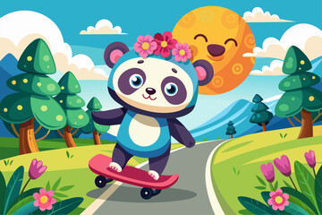 Obraz na płótnie Canvas A charming cartoon panda on a skateboard adorned with flowers zooms down a road.