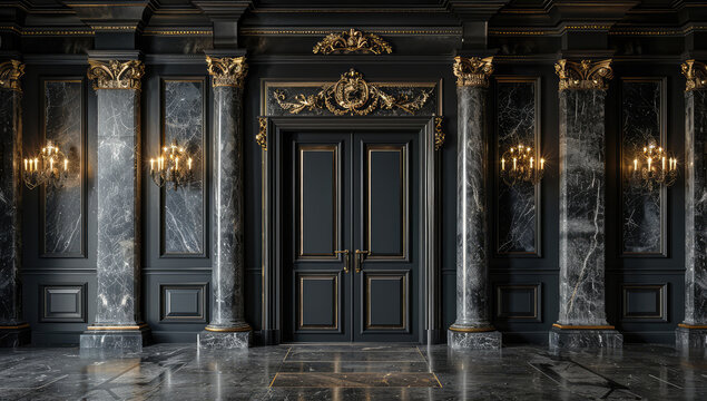 Dark gray marble walls with golden ornaments, black door and pillars, large room with marble floor. Created with Ai
