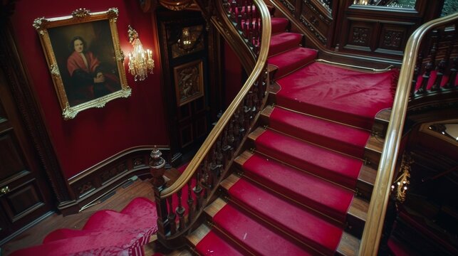 The grand staircase is carpeted in a deep red velvety material with golden banisters glinting in the light. The walls are adorned with portraits in ornate velvet frames showcasing .