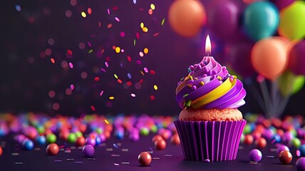 Dark purple themed cupcake and balloons in high resolution for celebrations