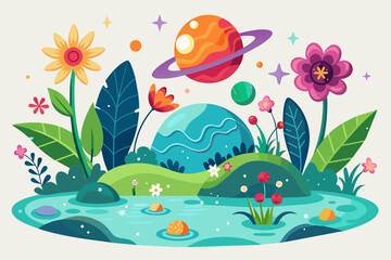 Fototapeta na wymiar Space cartoon characters are having a charming picnic surrounded by beautiful flowers on a white background.