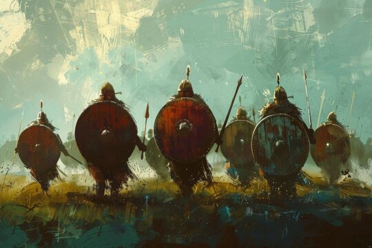 fierce viking warriors in battle wielding swords and shields digital painting