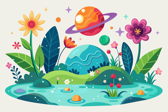 Space cartoon characters are having a charming picnic surrounded by beautiful flowers on a white background.