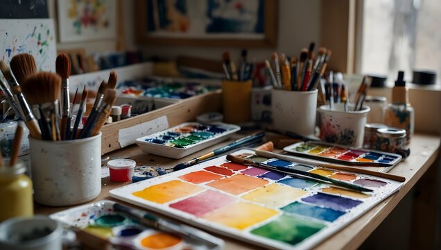 A watercolor artist’s workspace, filled with colorful paints, brushes, and a work-in-progress painting Generative AI