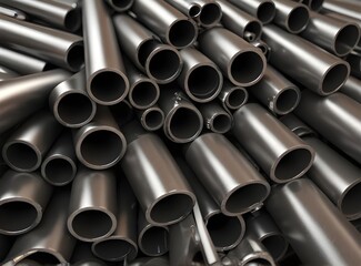 Close-up set of different diameters metal round tubes, pipes, gun barrels and kernels. Industrial 3d illustration
