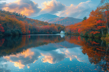 A serene lake surrounded by autumn foliage, reflecting the sky and mountains in stunning detail. Created with Ai