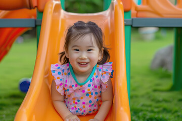 Fototapeta na wymiar A cute little Asian girl is sliding down the slide in an orange plastic play structure on her lawn, wearing colorful and smiling happily.