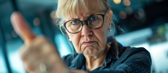 A woman with blonde hair and glasses is pointing at something with her finger in a focused manner - obrazy, fototapety, plakaty