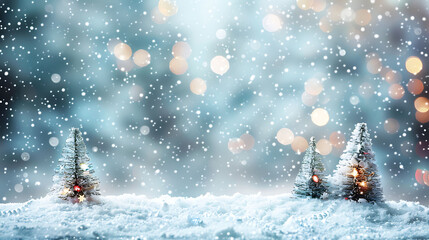Fototapeta na wymiar A winter Christmas background sets the stage with gently falling snow and a beautiful blurred bokeh effect, creating a magical and festive atmosphere.