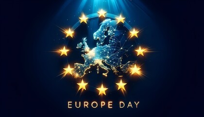 Europe day background with european continent silhouette with a network of glowing connections.  - obrazy, fototapety, plakaty
