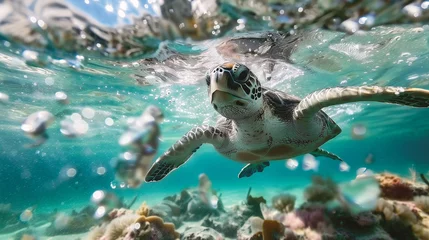 Poster Green Sea Turtle swimming underwater in the deep blue ocean © Jioo7