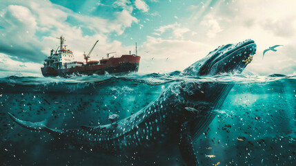 Whale and ship wreck in ocean. Underwater world.  - obrazy, fototapety, plakaty