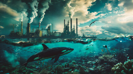 Underwater scene with factory and killer whale.