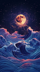 A red moon rises over a rough sea.