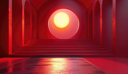 Red background, red curtain wall with a circular frame on the ground, stage style. Created with Ai
