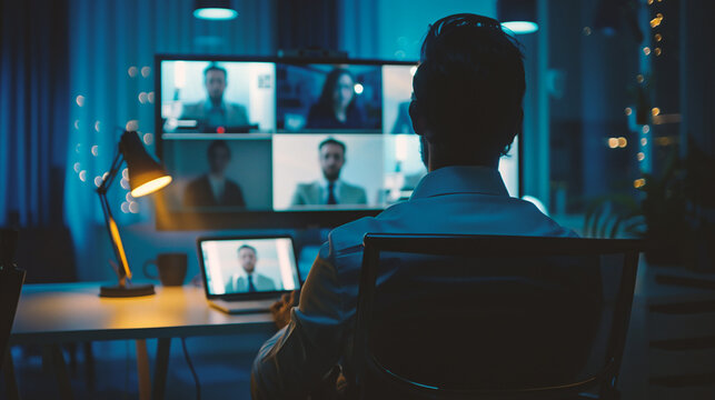 Back view of young man sitting at desk in front of computer monitor and having video call 