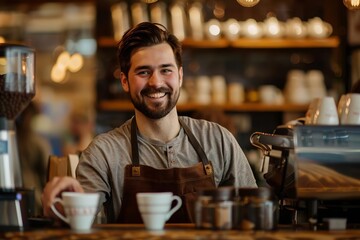 friendly barista greeting customers with warm smile and fresh cup of coffee lifestyle portrait - obrazy, fototapety, plakaty