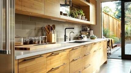 The kitchen incorporates bamboo both in its design and functional elements. Bamboo cabinets offer...