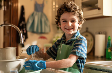 Cute boy in a green apron and blue gloves washing dishes at home, smiling. The concept of children helping around the house as a family activity