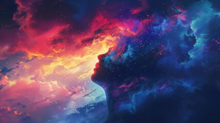 A colorful space scene with a person's face in the middle - obrazy, fototapety, plakaty
