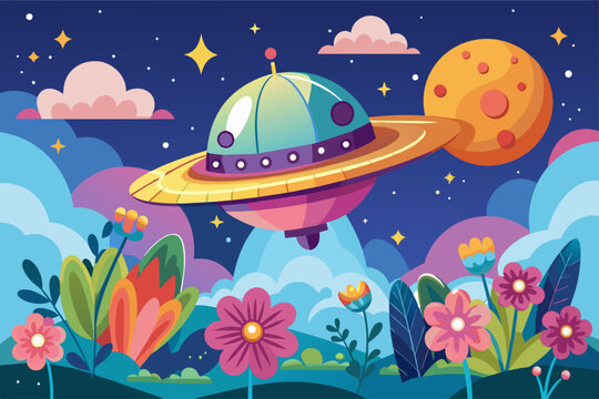 Charming spaceship cartoon flying through the sky adorned with beautiful flowers.